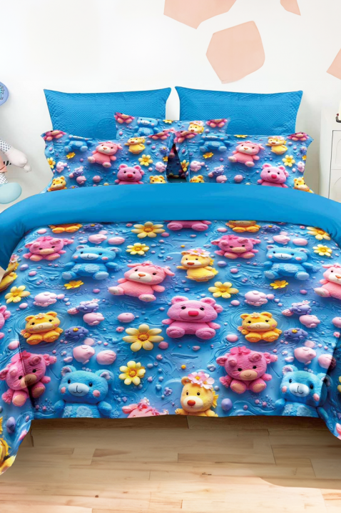 Lenjerie de pat FLOWERS BEAR 160x200 cm bumbac 3 piese, Culoare: albastru, IVET.RO - Reduceri de până la -80%