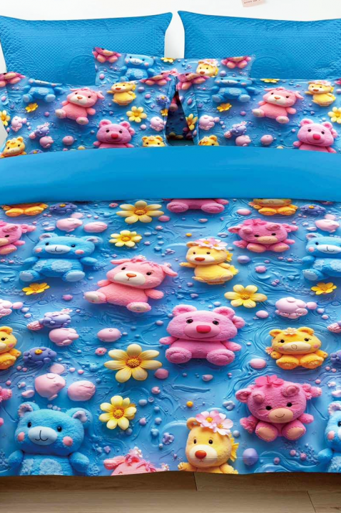 Lenjerie de pat FLOWERS BEAR 160x200 cm bumbac 3 piese, Culoare: albastru, IVET.RO - Reduceri de până la -80%