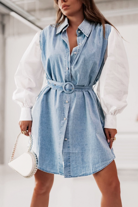 Rochie din denim cu mâneci albe spectaculoase si curea GAVERSA, Culoare: albastru, IVET.RO - Reduceri de până la -80%