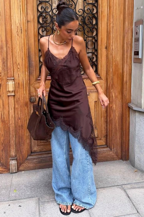 Tunică asimetrică, delicată, cu dantelă și fante VELIMIRA BROWN, Culoare: maro, IVET.RO - Reduceri de până la -80%