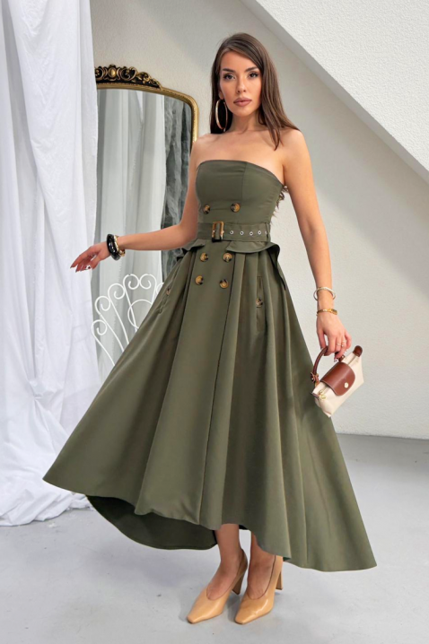 Rochie lungă și elegantă, asimetrică, cu efect de corset FLORENTIA KHAKI, Culoare: verde de măslină, IVET.RO - Reduceri de până la -80%