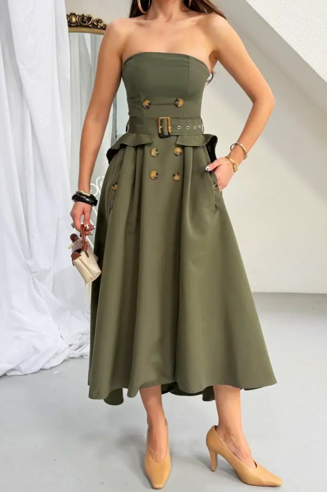 Rochie lungă și elegantă, asimetrică, cu efect de corset FLORENTIA KHAKI, Culoare: verde de măslină, IVET.RO - Reduceri de până la -80%