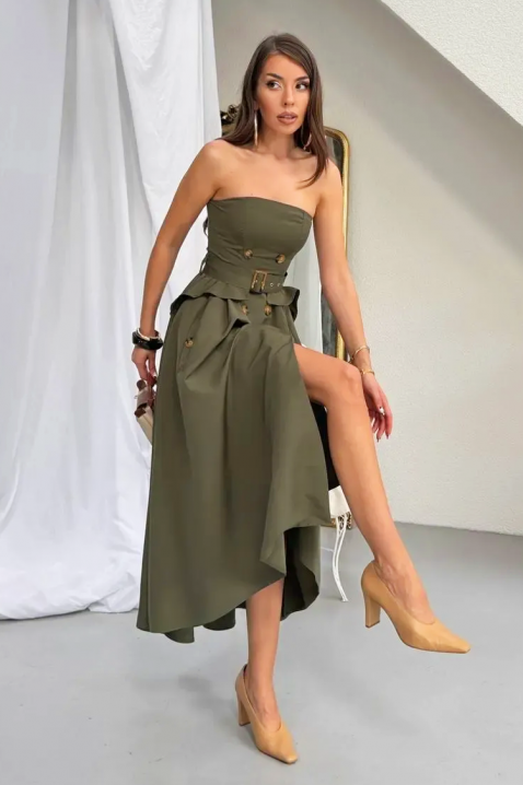 Rochie lungă și elegantă, asimetrică, cu efect de corset FLORENTIA KHAKI, Culoare: verde de măslină, IVET.RO - Reduceri de până la -80%