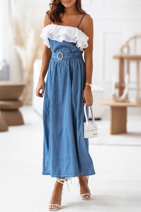 Rochie lungă și elegantă, cu volane și o curea decorativă TOMINZA, Culoare: albastru, IVET.RO - Reduceri de până la -80%