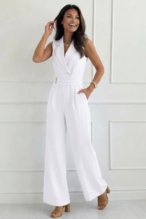 Salopetă elegantă cu guler cu rever și nasturi aurii SELESTE WHITE, Culoare: alb, IVET.RO - Reduceri de până la -80%