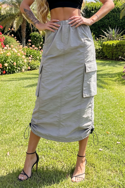 Fustă midi sport-elegantă de damă, cu talie înaltă și buzunare de tip cargo CALZINA GREY, Culoare: gri, IVET.RO - Reduceri de până la -80%