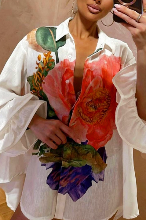 Cămașă damă elegantă si asimetrică, cu un motiv floral spectaculos EVGENITA, Culoare: alb, IVET.RO - Reduceri de până la -80%