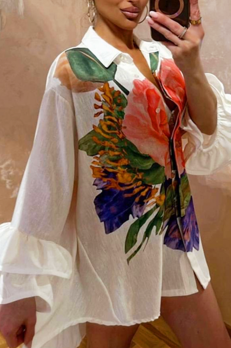 Cămașă damă elegantă si asimetrică, cu un motiv floral spectaculos EVGENITA, Culoare: alb, IVET.RO - Reduceri de până la -80%