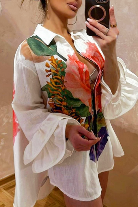 Cămașă damă elegantă si asimetrică, cu un motiv floral spectaculos EVGENITA, Culoare: alb, IVET.RO - Reduceri de până la -80%