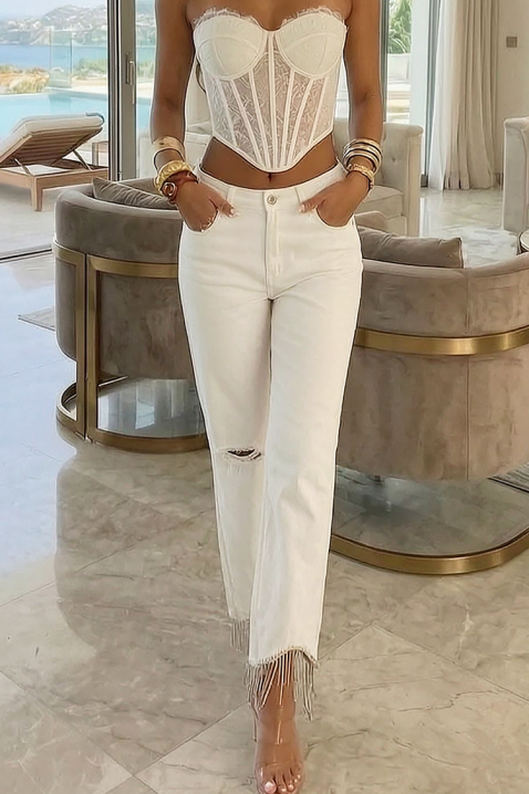 Blugi albi de damă cu franjuri și elemente rupte LURISA, Culoare: alb, IVET.RO - Reduceri de până la -80%