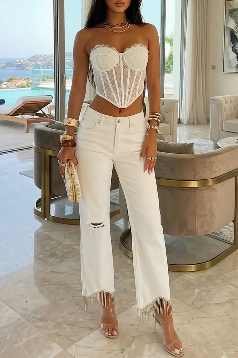 Blugi albi de damă cu franjuri și elemente rupte LURISA, Culoare: alb, IVET.RO - Reduceri de până la -80%