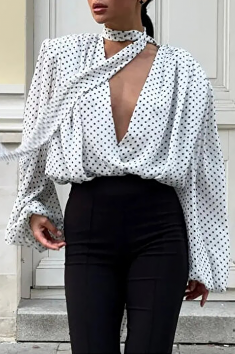 Cămașă albă de damă cu buline, cu decolteu V și un detaliu spectaculos la guler VIALINA, Culoare: alb și negru, IVET.RO - Reduceri de până la -80%