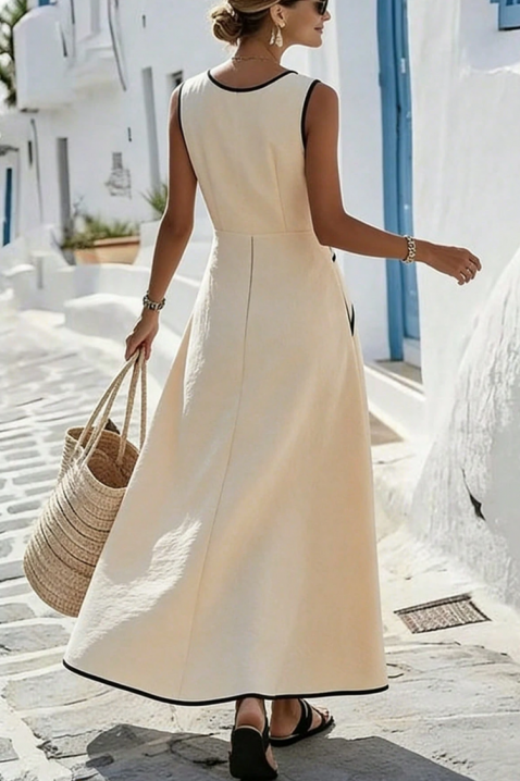 Rochie lungă elegantă de vară cu margini negre contrastante ANRIELA, Culoare: ecru, IVET.RO - Reduceri de până la -80%