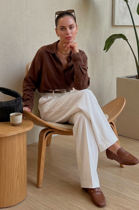 Cămașă damă elegantă din satin cu mâneci lungi AYANDA BROWN, Culoare: maro, IVET.RO - Reduceri de până la -80%