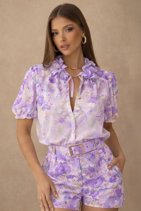 Set de damă cu floral print vaporos, format din bluză și pantaloni scurți JULIENA LILA, Culoare: lila, IVET.RO - Reduceri de până la -80%