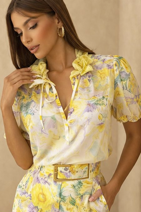 Set de damă cu floral print vaporos, format din bluză și pantaloni scurți JULIENA YELLOW, Culoare: galben, IVET.RO - Reduceri de până la -80%