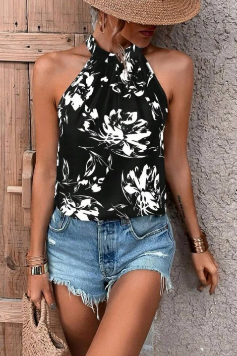 Top de damă cu decolteu de tip halter și floral print DORVINA, Culoare: negru și alb, IVET.RO - Reduceri de până la -80%