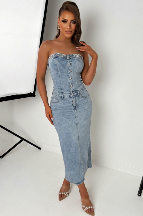 Rochie midi elegantă din denim, cu detalii cu perle și umeri goi KAITHLYN, Culoare: denim, IVET.RO - Reduceri de până la -80%