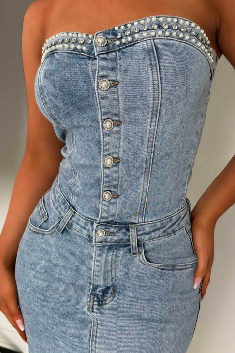 Rochie midi elegantă din denim, cu detalii cu perle și umeri goi KAITHLYN, Culoare: denim, IVET.RO - Reduceri de până la -80%