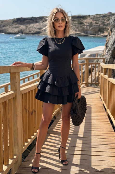 Rochie scurtă cu talie accentuată și volane ZOLVENA BLACK, Culoare: negru, IVET.RO - Reduceri de până la -80%