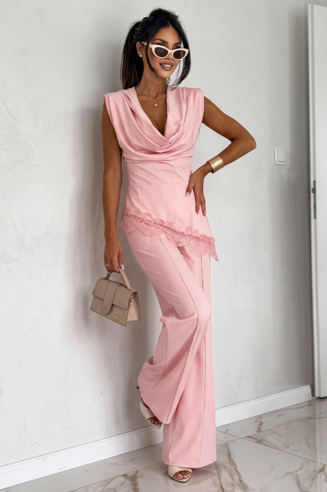 Set pentru viata de zi cu zi format dintr-un top cu un decolteu spectaculos și pantaloni largi ZELVORA PINK, Culoare: roz, IVET.RO - Reduceri de până la -80%