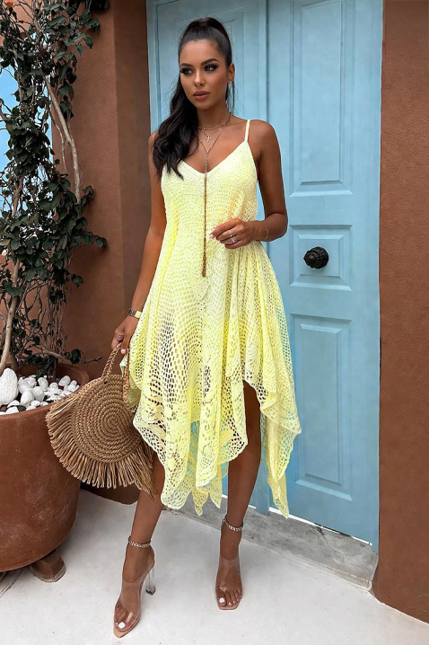 Rochie asimetrică vaporoasă din dantelă fină cu bretele subțiri în stil boho DOREZIA YELLOW, Culoare: galben, IVET.RO - Reduceri de până la -80%