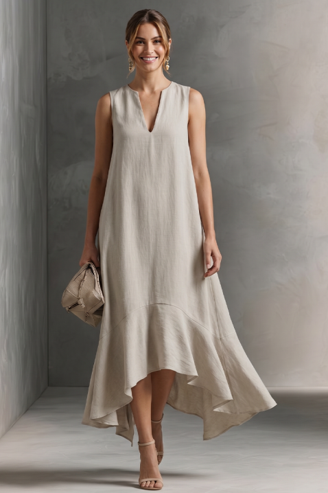 Rochie midi asimetrică fără mâneci, cu decolteu V și siluetă lejeră ZENVELA, Culoare: bej, IVET.RO - Reduceri de până la -80%