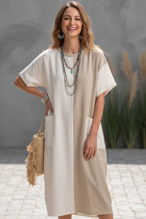 Rochie midi vaporoasă, în două culori, cu buzunare DARZINA, Culoare: bej, IVET.RO - Reduceri de până la -80%