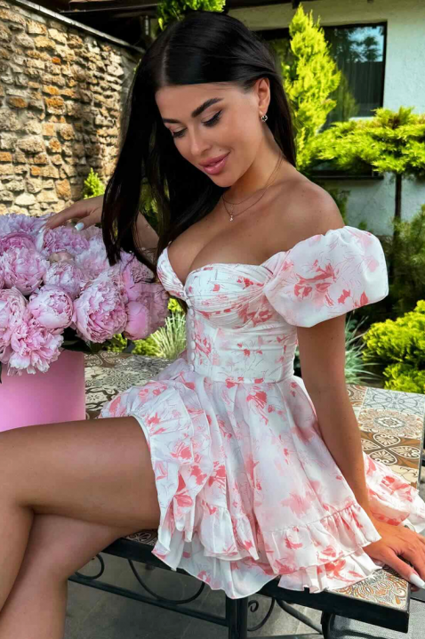 Rochie scurtă cu model floral, cu efect de corset și mâneci voluminoase ZOLMIRAIVET.RO - Reduceri de până la -80%