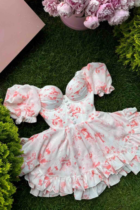 Rochie scurtă cu model floral, cu efect de corset și mâneci voluminoase ZOLMIRAIVET.RO - Reduceri de până la -80%