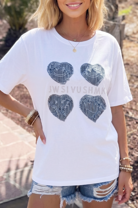 Tricou pentru femei cu inimioare decorative și inscripție strălucitoare RAVLERA, Culoare: alb, IVET.RO - Reduceri de până la -80%