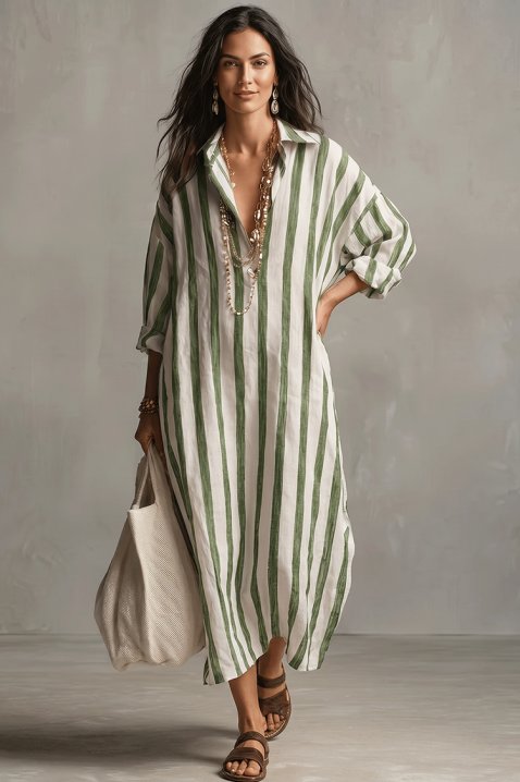 Rochie de tip cămașă din in cu dungi verticale MOLY GREEN, Culoare: alb cu verde, IVET.RO - Reduceri de până la -80%