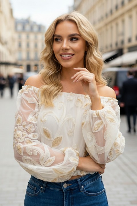 Bluză de damă vaporoasă, cu floral print și mâneci voluminoase AMOLETA ECRU, Culoare: ecru, IVET.RO - Reduceri de până la -80%
