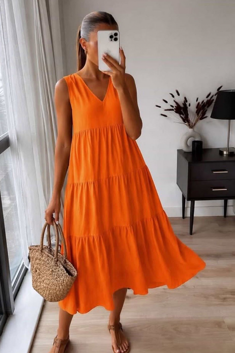 Rochie midi de damă vaporoasă pentru vară cu decolteu V VELRINA ORANGE, Culoare: portocaliu, IVET.RO - Reduceri de până la -80%