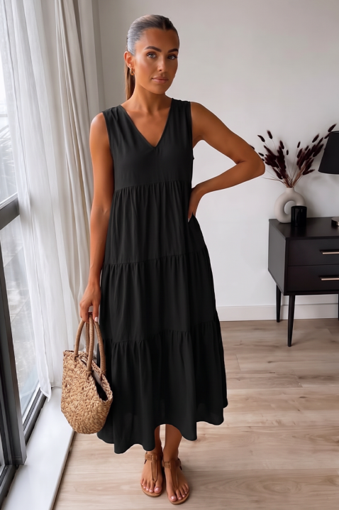 Rochie midi de damă vaporoasă pentru vară cu decolteu V VELRINA BLACK, Culoare: negru, IVET.RO - Reduceri de până la -80%