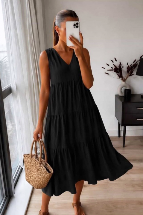 Rochie midi de damă vaporoasă pentru vară cu decolteu V VELRINA BLACK, Culoare: negru, IVET.RO - Reduceri de până la -80%