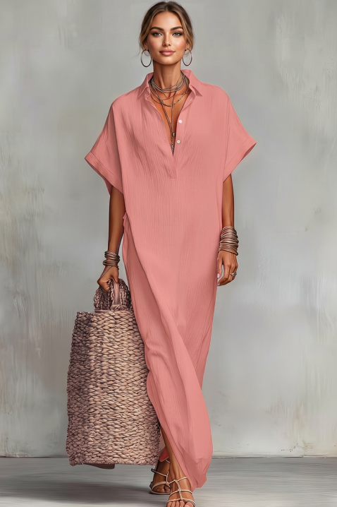 Rochie lungă de vară din in cu decolteu V JADANA PINK, Culoare: roz, IVET.RO - Reduceri de până la -80%