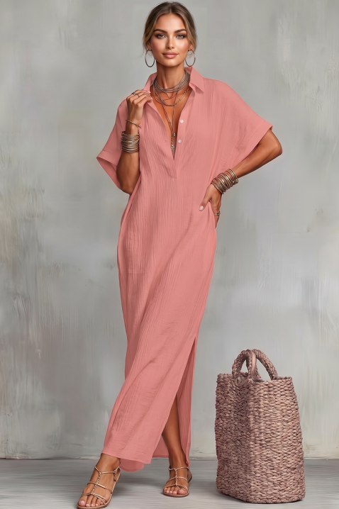 Rochie lungă de vară din in cu decolteu V JADANA PINK, Culoare: roz, IVET.RO - Reduceri de până la -80%