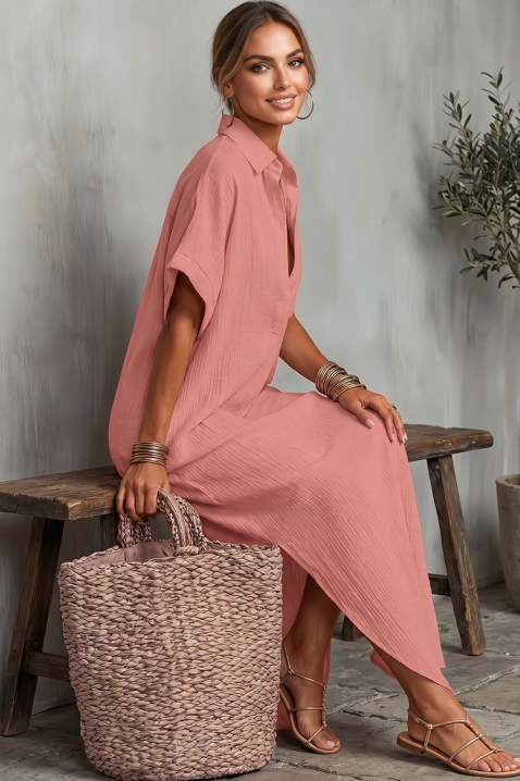 Rochie lungă de vară din in cu decolteu V JADANA PINK, Culoare: roz, IVET.RO - Reduceri de până la -80%