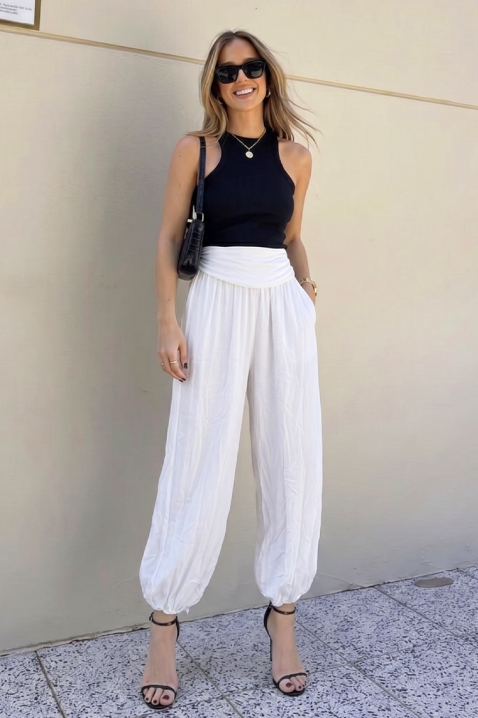 Pantaloni de damă cu croială lejeră și mansete elastice KELVIRA WHITE, Culoare: ecru, IVET.RO - Reduceri de până la -80%