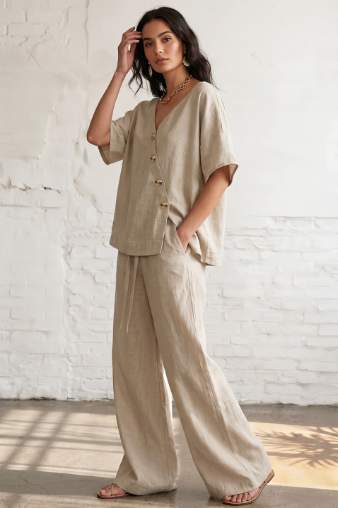 Set din in cu top asimetric și pantaloni largi SELENE BEIGE, Culoare: bej, IVET.RO - Reduceri de până la -80%