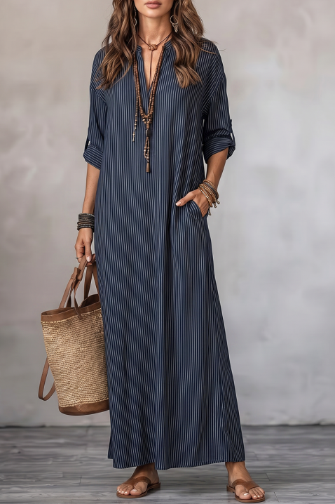 Rochie maxi elegantă, tip cămașă, cu decolteu V KREZIA, Culoare: albastru, IVET.RO - Reduceri de până la -80%