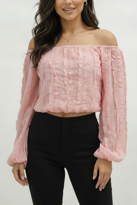Bluză delicată de damă cu umeri căzuți și detalii în relief VAMLERA PINK, Culoare: roz, IVET.RO - Reduceri de până la -80%