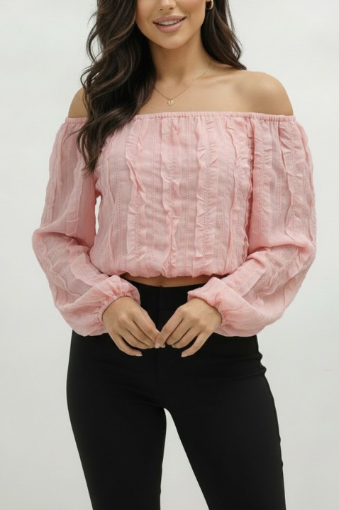 Bluză delicată de damă cu umeri căzuți și detalii în relief VAMLERA PINK, Culoare: roz, IVET.RO - Reduceri de până la -80%