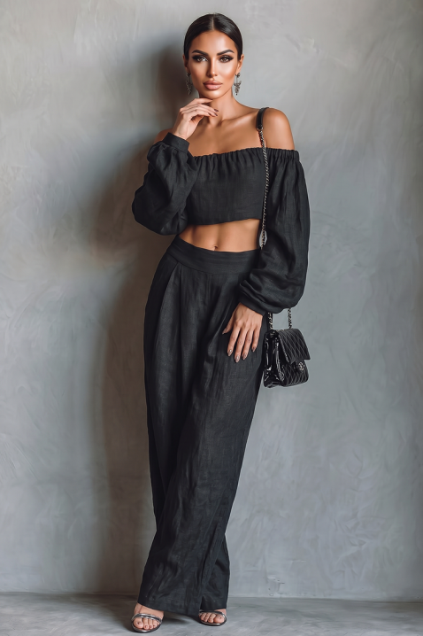 Set din in, format dintr-un top cu umeri căzuți și pantaloni largi JEZABEL BLACK, Culoare: negru, IVET.RO - Reduceri de până la -80%