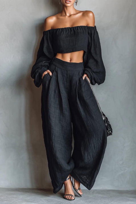 Set din in, format dintr-un top cu umeri căzuți și pantaloni largi JEZABEL BLACK, Culoare: negru, IVET.RO - Reduceri de până la -80%