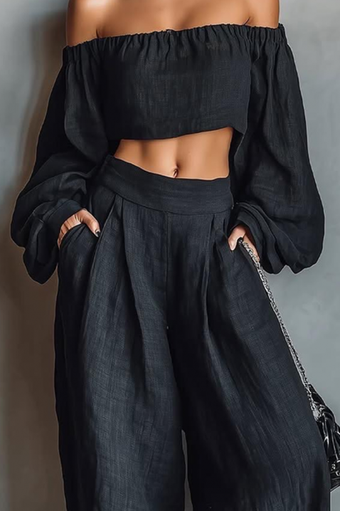 Set din in, format dintr-un top cu umeri căzuți și pantaloni largi JEZABEL BLACK, Culoare: negru, IVET.RO - Reduceri de până la -80%
