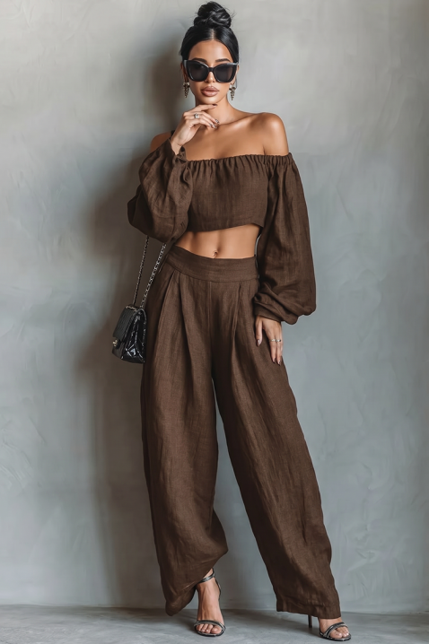 Set din in, format dintr-un top cu umeri căzuți și pantaloni largi JEZABEL BROWN, Culoare: maro, IVET.RO - Reduceri de până la -80%
