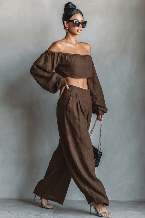 Set din in, format dintr-un top cu umeri căzuți și pantaloni largi JEZABEL BROWN, Culoare: maro, IVET.RO - Reduceri de până la -80%
