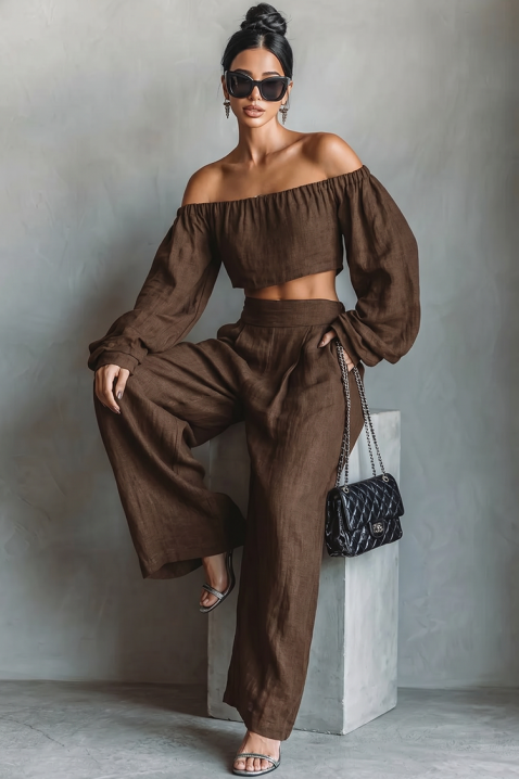 Set din in, format dintr-un top cu umeri căzuți și pantaloni largi JEZABEL BROWN, Culoare: maro, IVET.RO - Reduceri de până la -80%